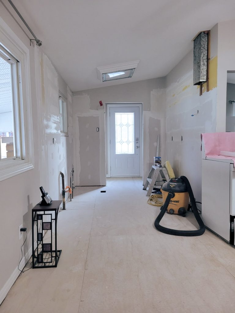 photo of a kitchen renovation in progress cleaned up and organized at the end of day.